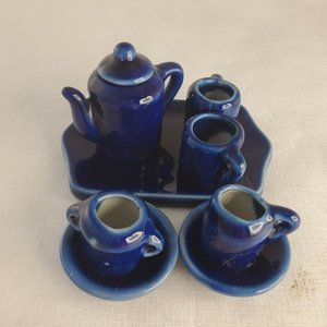 Vintage Colbalt Blue Miniature Dollhouse Tea Set 8 Piece Ceramic